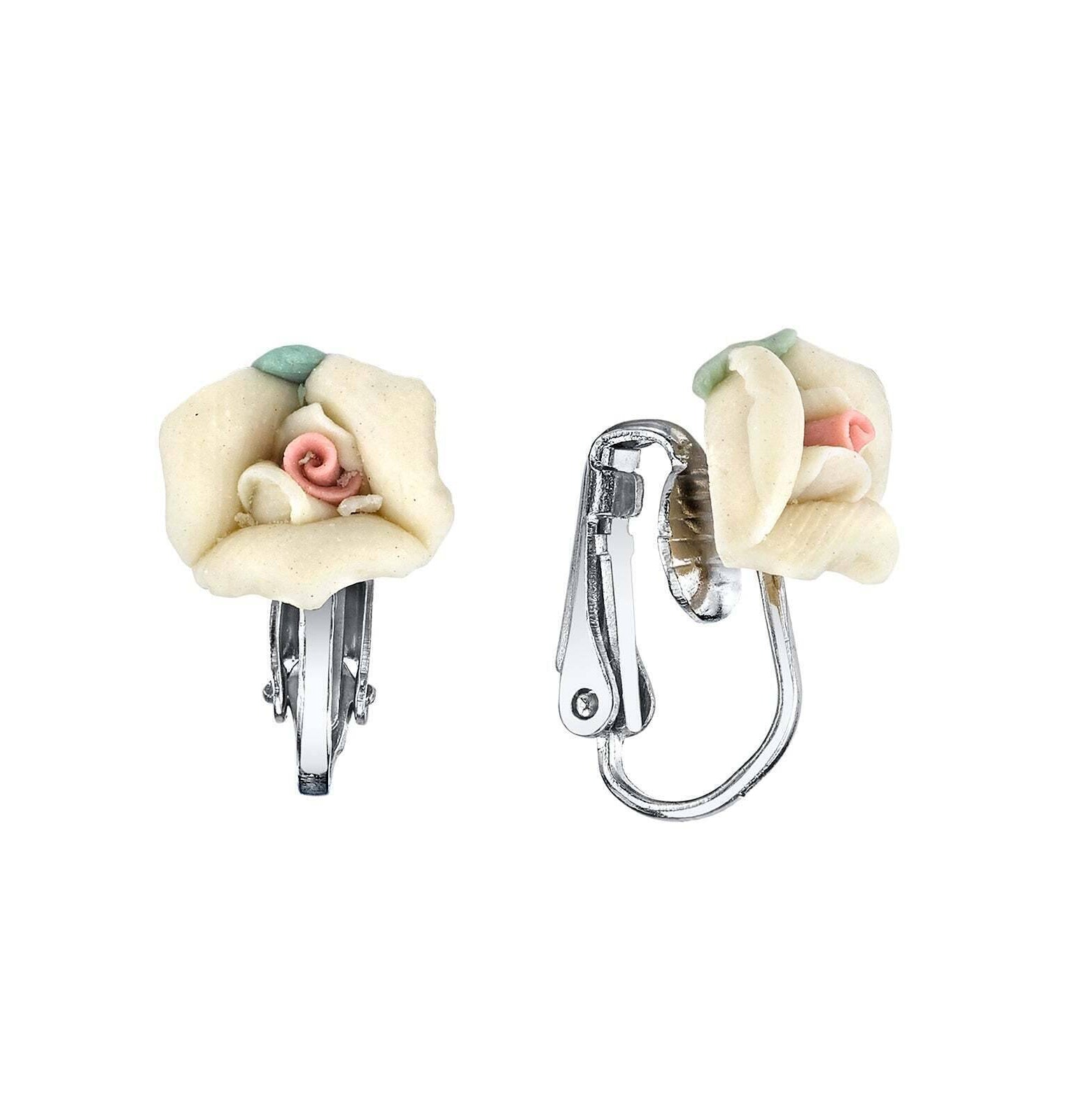 1928 Bridal Porcelain Rose Clip On Earrings