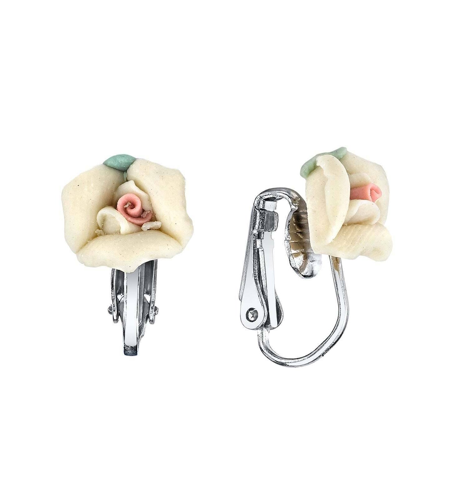 1928 Bridal Porcelain Rose Clip On Earrings