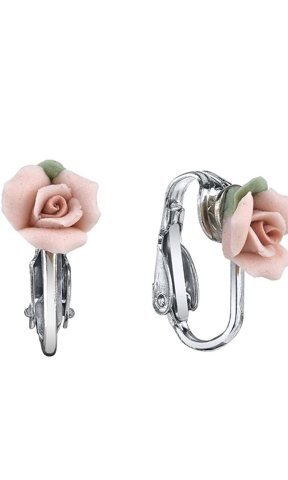 1928 Bridal Porcelain Rose Clip On Earrings
