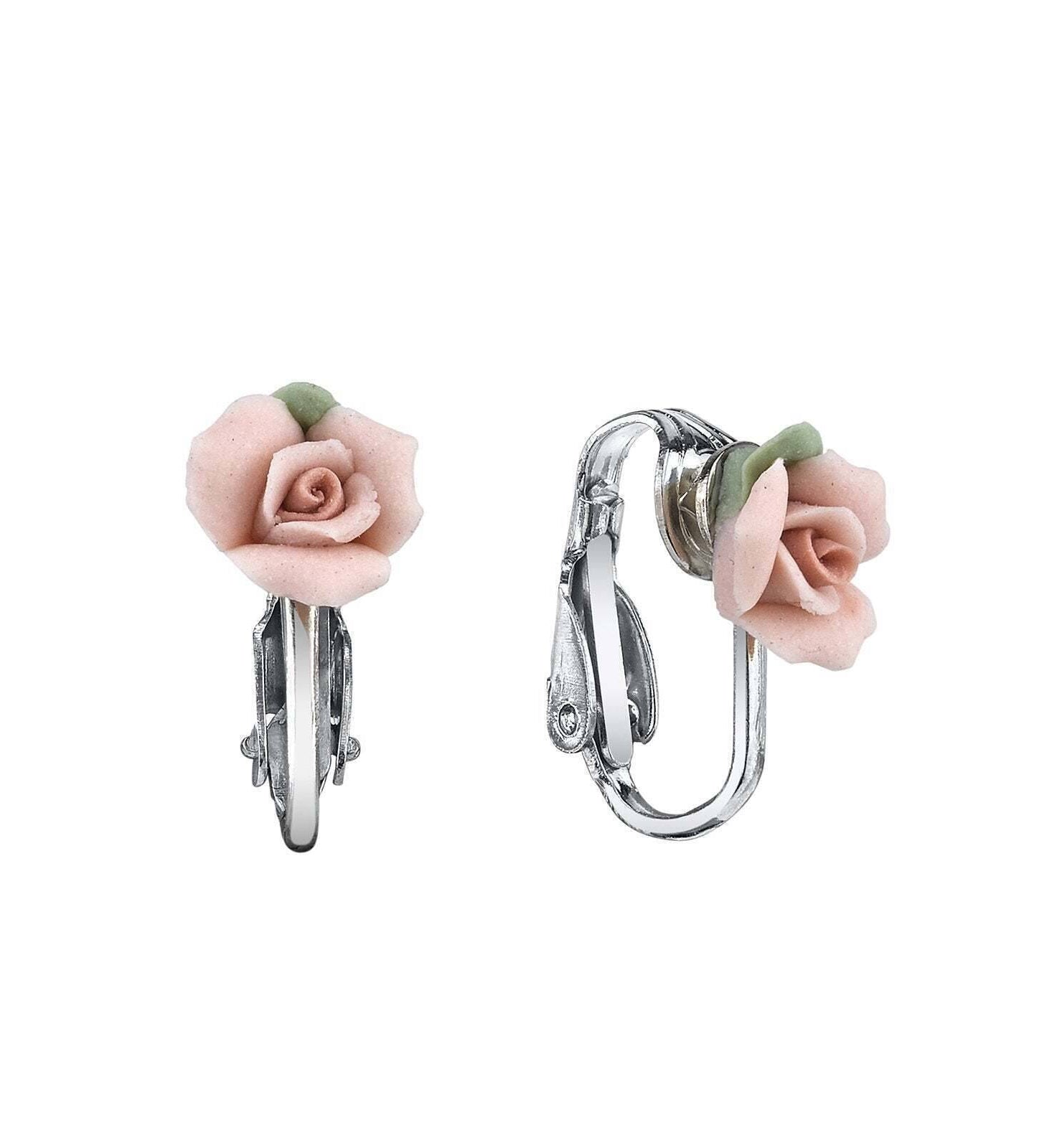 1928 Bridal Porcelain Rose Clip On Earrings