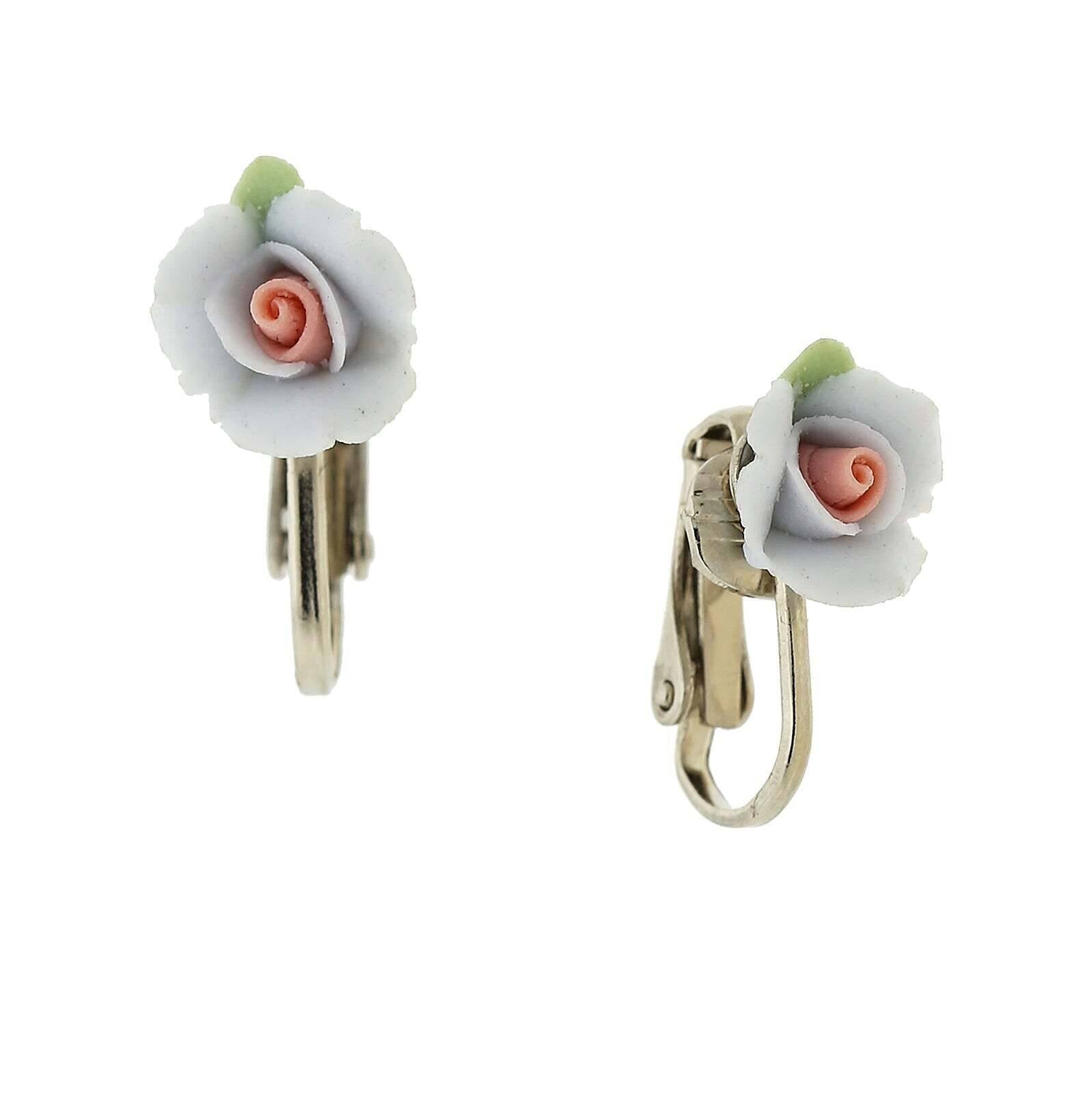 1928 Bridal Porcelain Rose Clip On Earrings