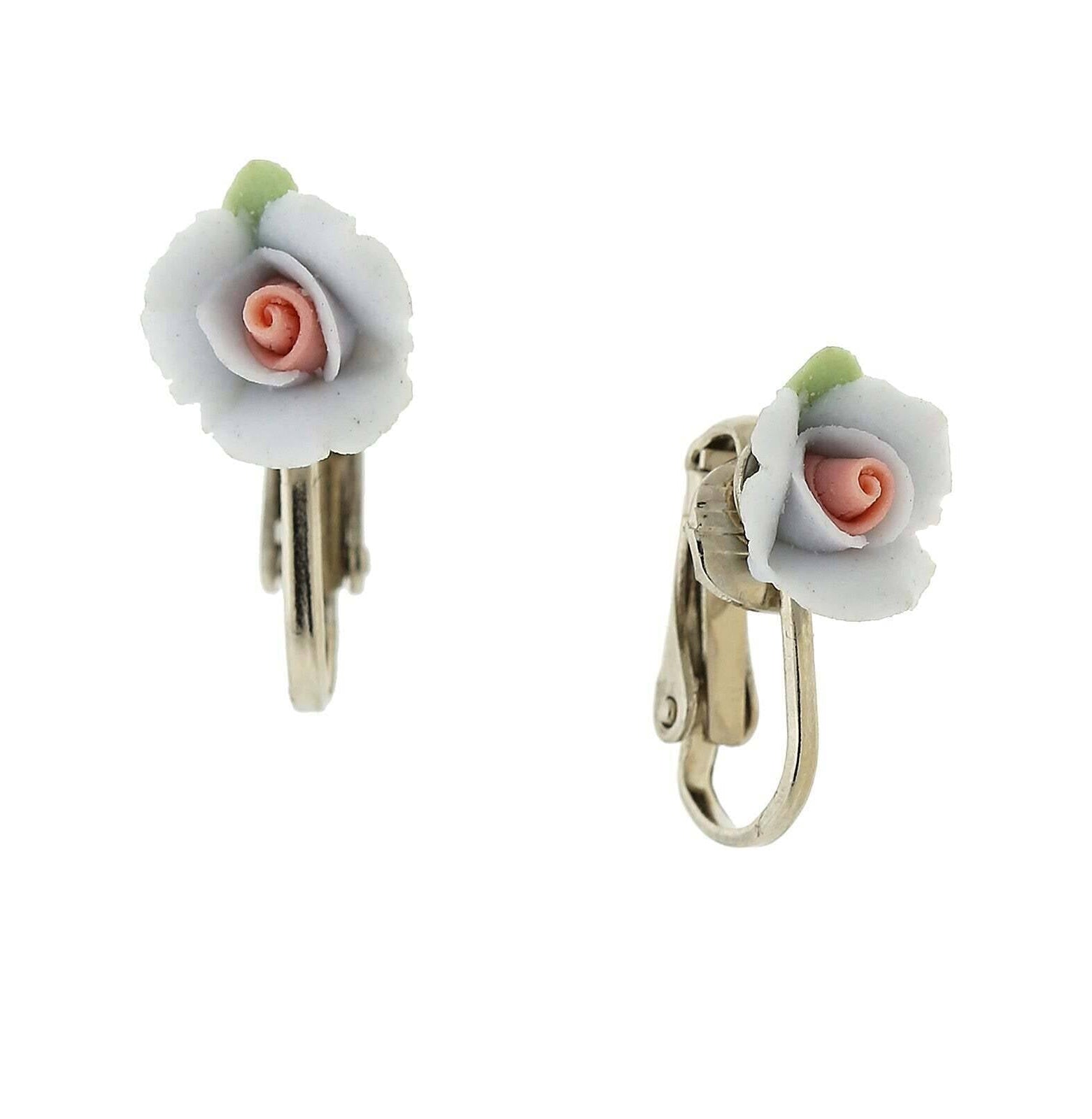 1928 Bridal Porcelain Rose Clip On Earrings