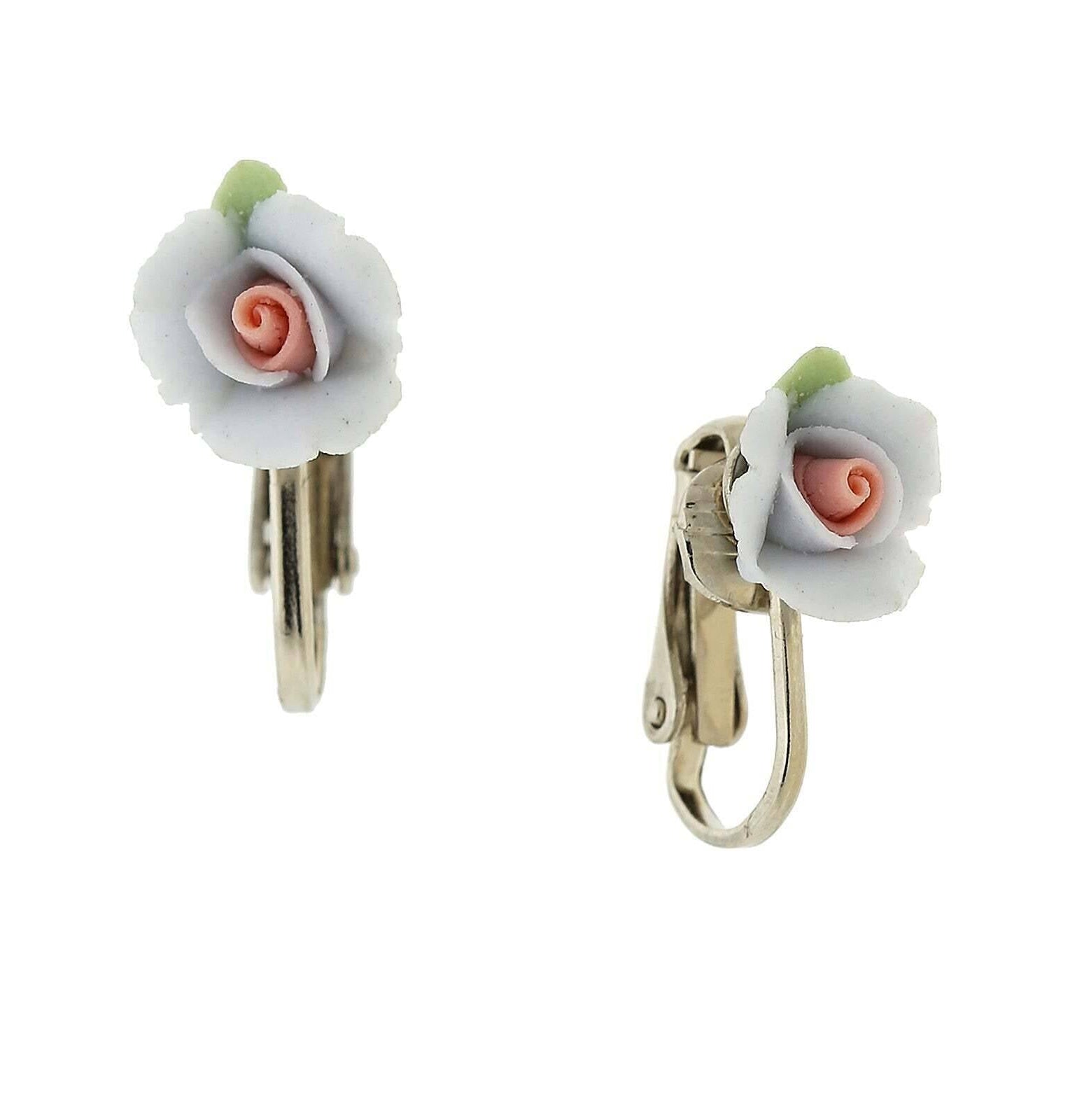 1928 Bridal Porcelain Rose Clip On Earrings