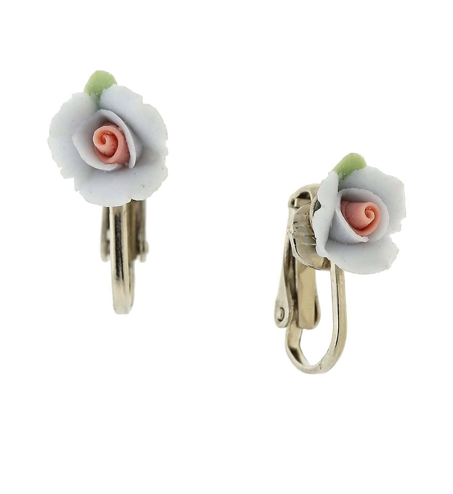 1928 Bridal Porcelain Rose Clip On Earrings