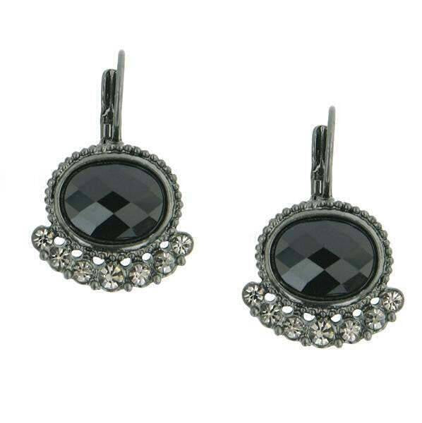 2028 Jewelry Black Oval Stone & Diamond Crystal Lever Back Earrings