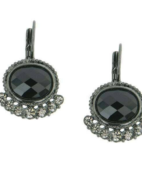 2028 Jewelry Black Oval Stone & Diamond Crystal Lever Back Earrings