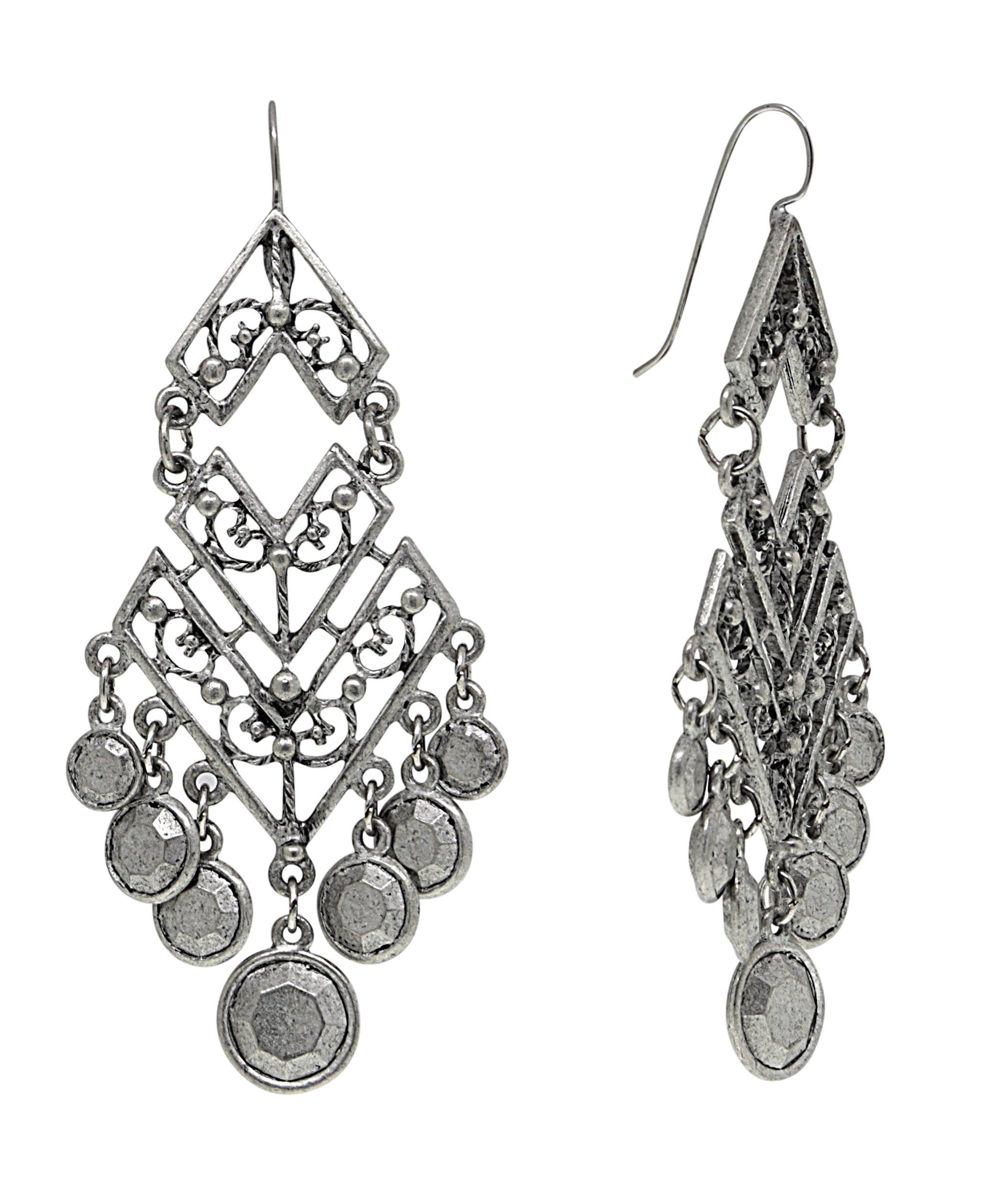 T.R.U. Silver Round Stones Chevron Chandelier Earrings