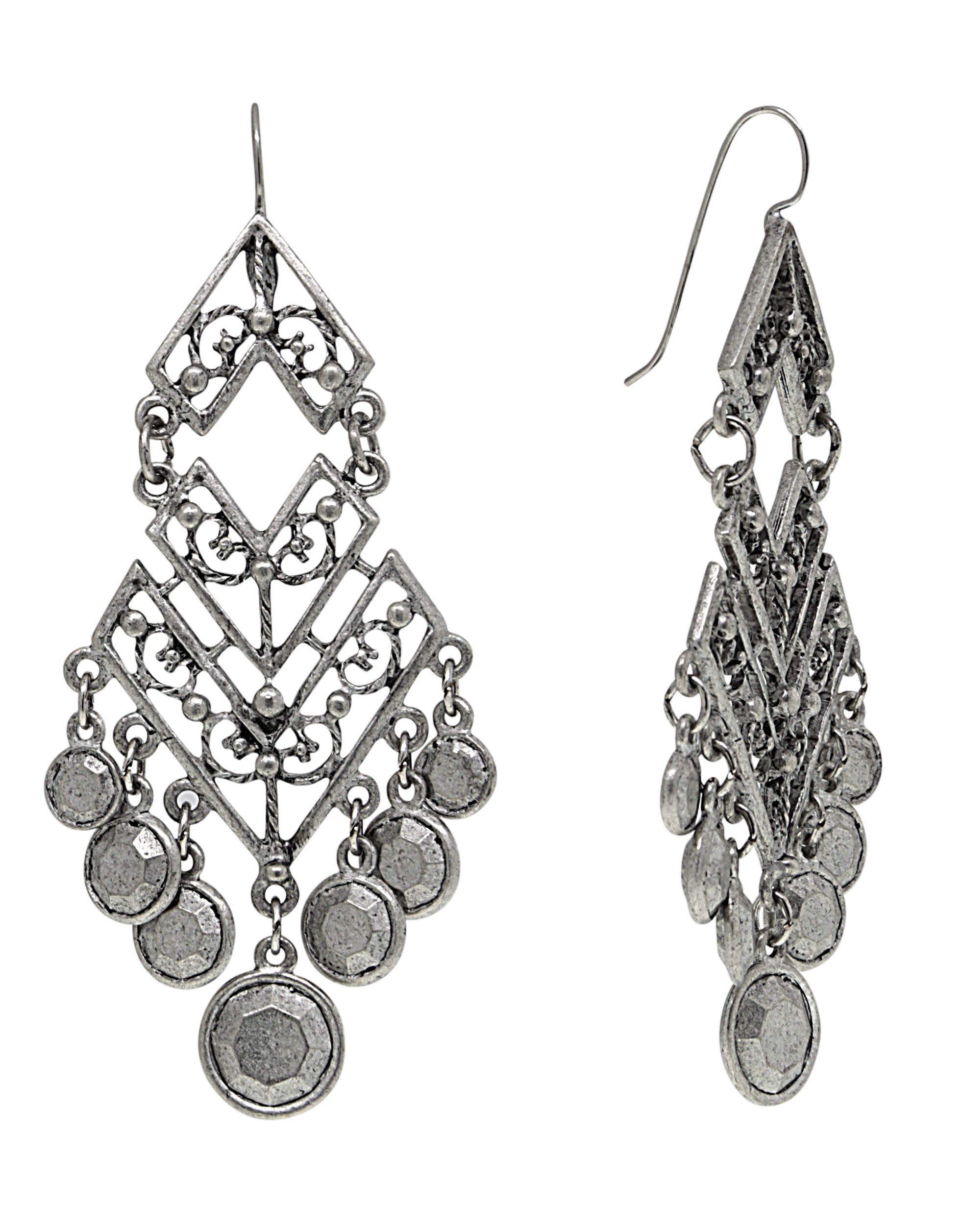 T.R.U. Silver Round Stones Chevron Chandelier Earrings