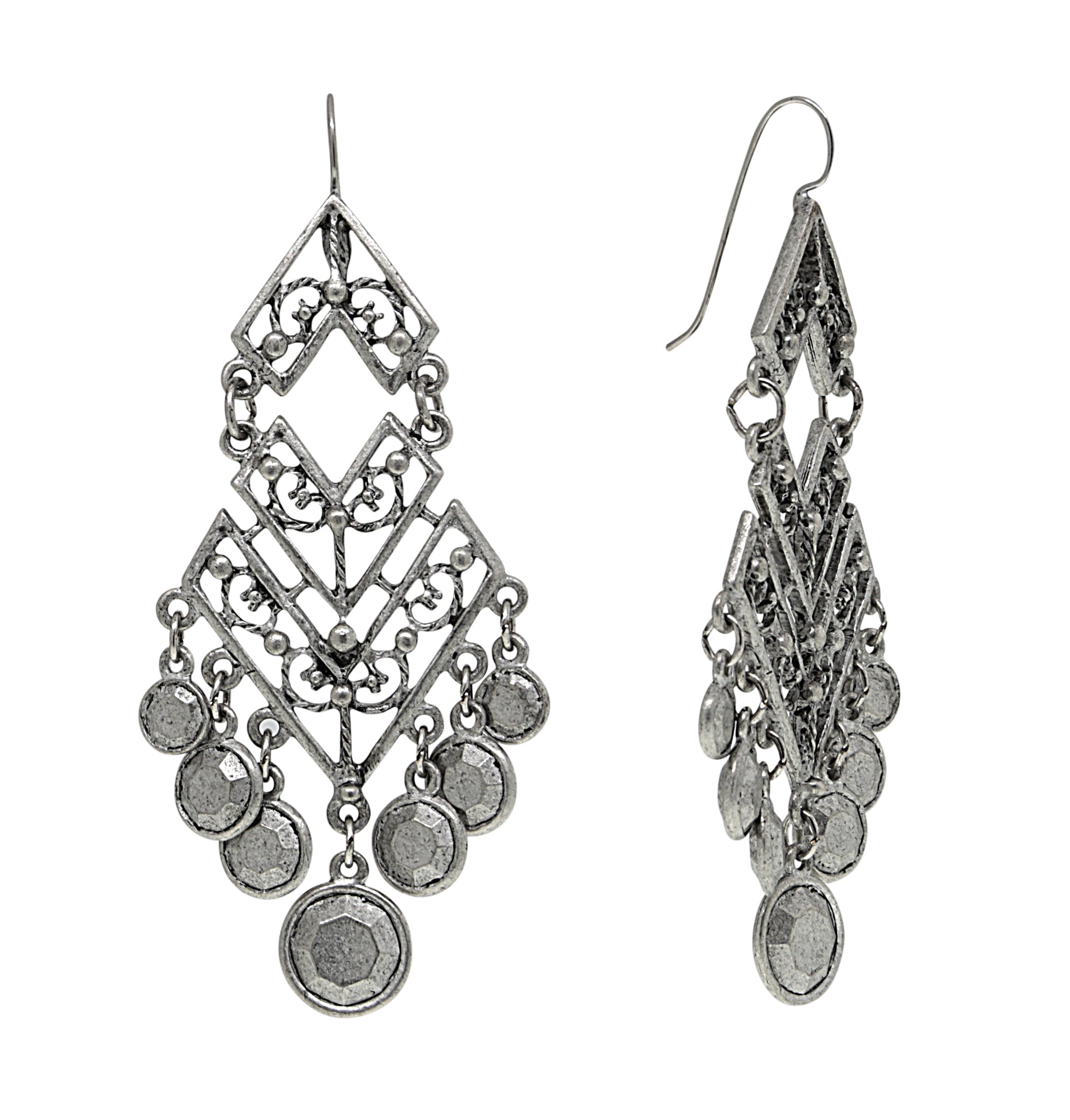 T.R.U. Silver Round Stones Chevron Chandelier Earrings