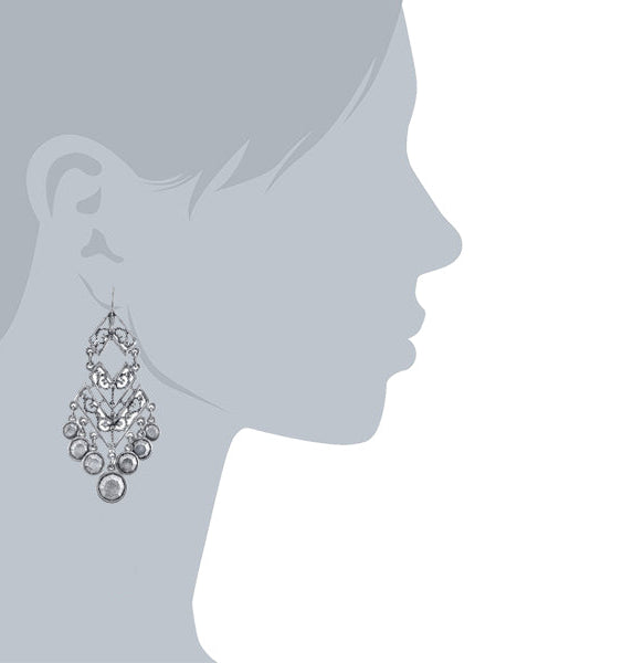 T.R.U. Silver Round Stones Chevron Chandelier Earrings