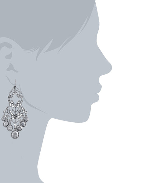 T.R.U. Silver Round Stones Chevron Chandelier Earrings