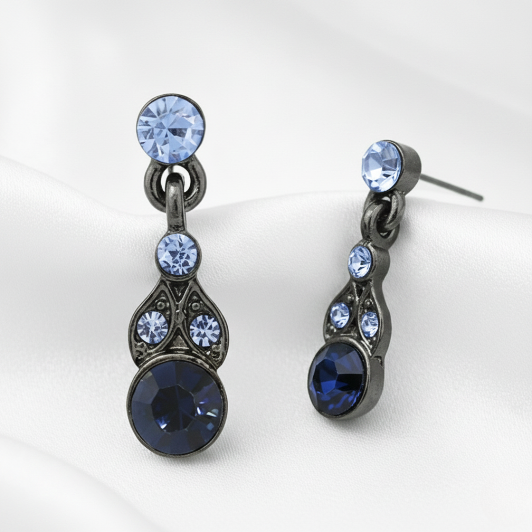 Pair of earrings with blue gemstones on a white background
