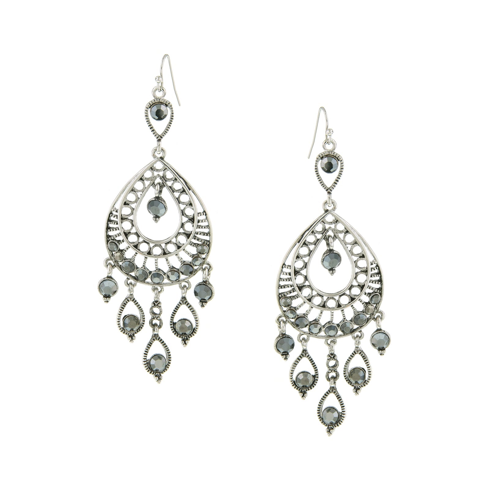 1928 Jewelry Hematite Crystal Filigree Statement Teardrop Earrings