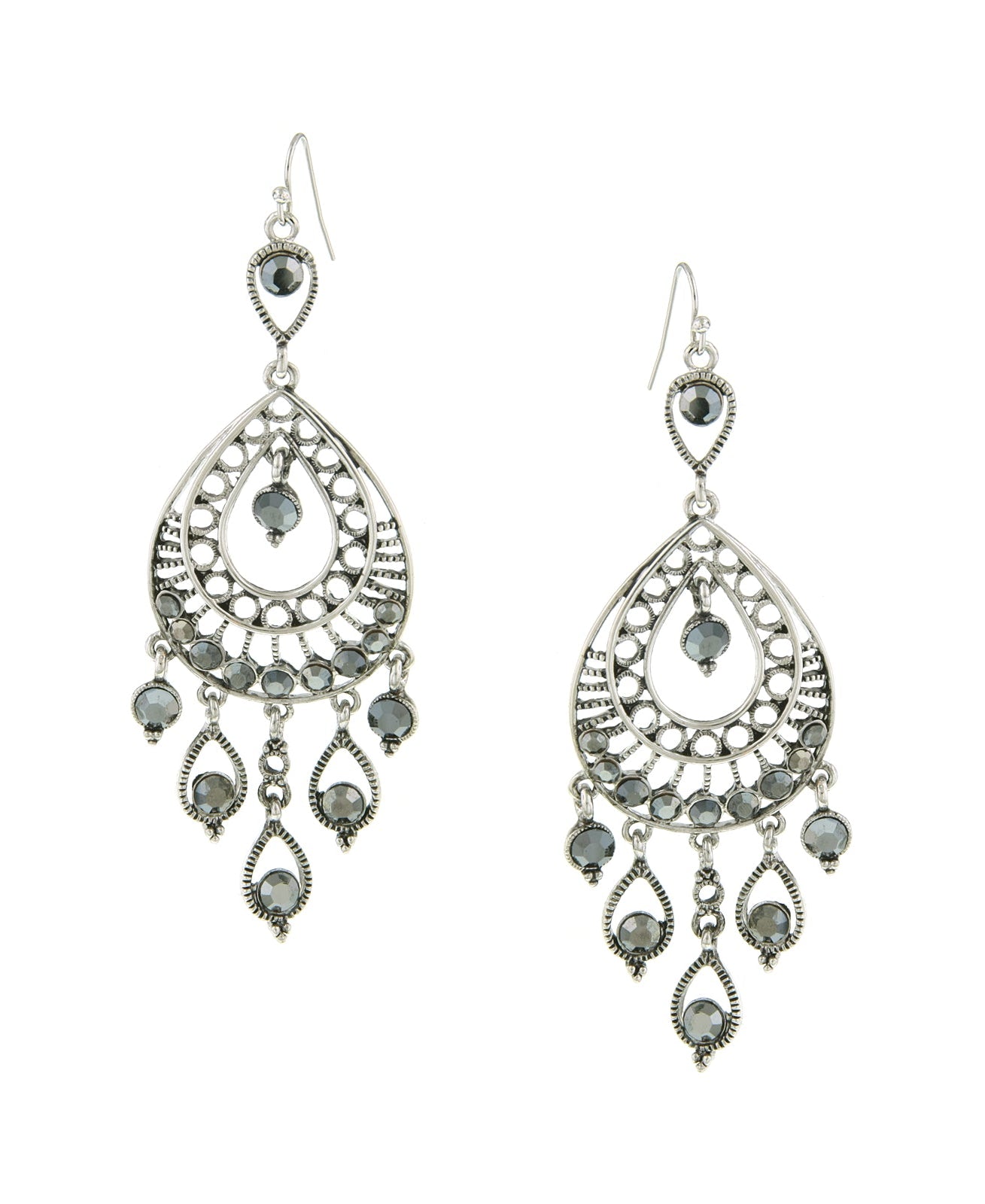 1928 Jewelry Hematite Crystal Filigree Statement Teardrop Earrings