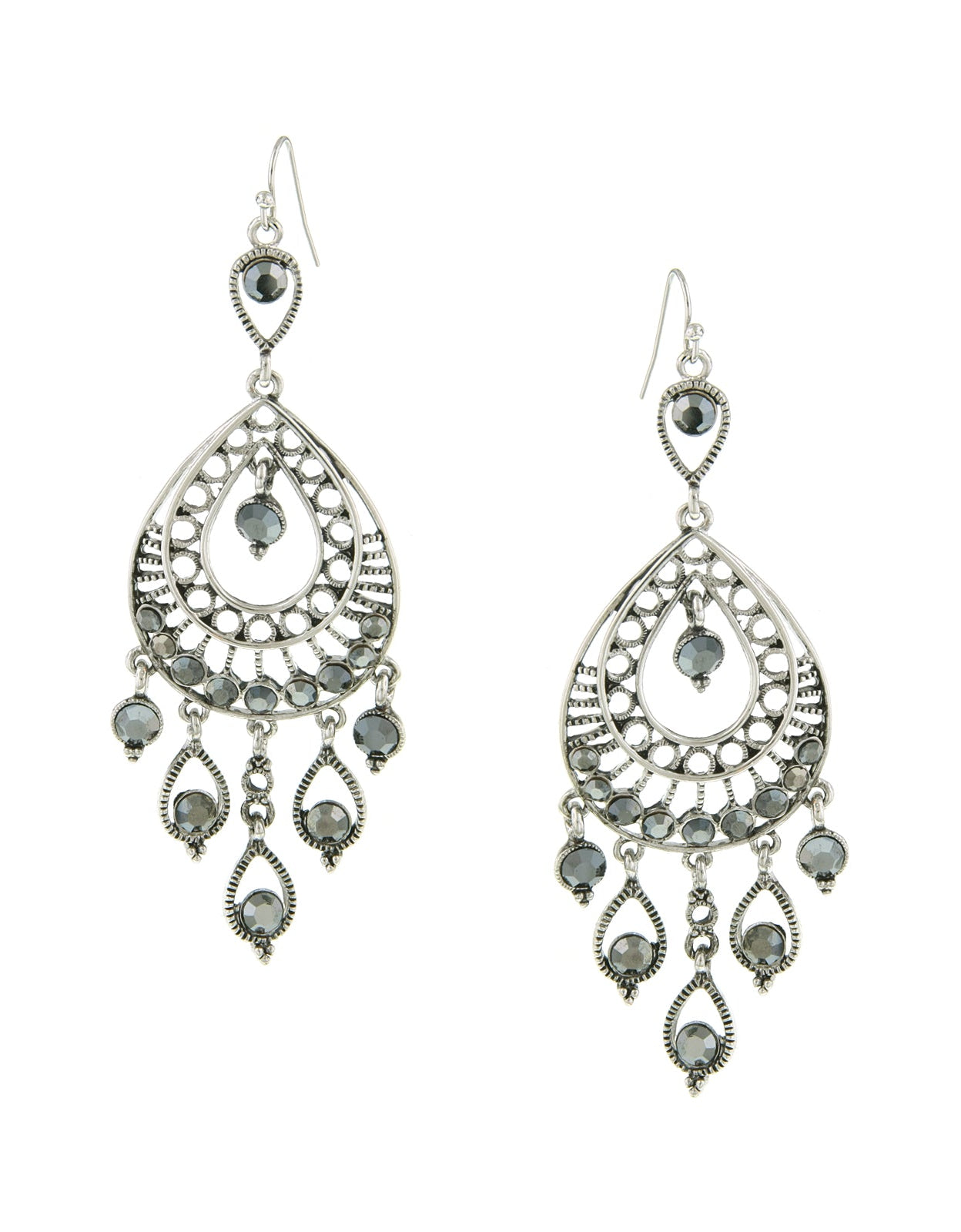 1928 Jewelry Hematite Crystal Filigree Statement Teardrop Earrings