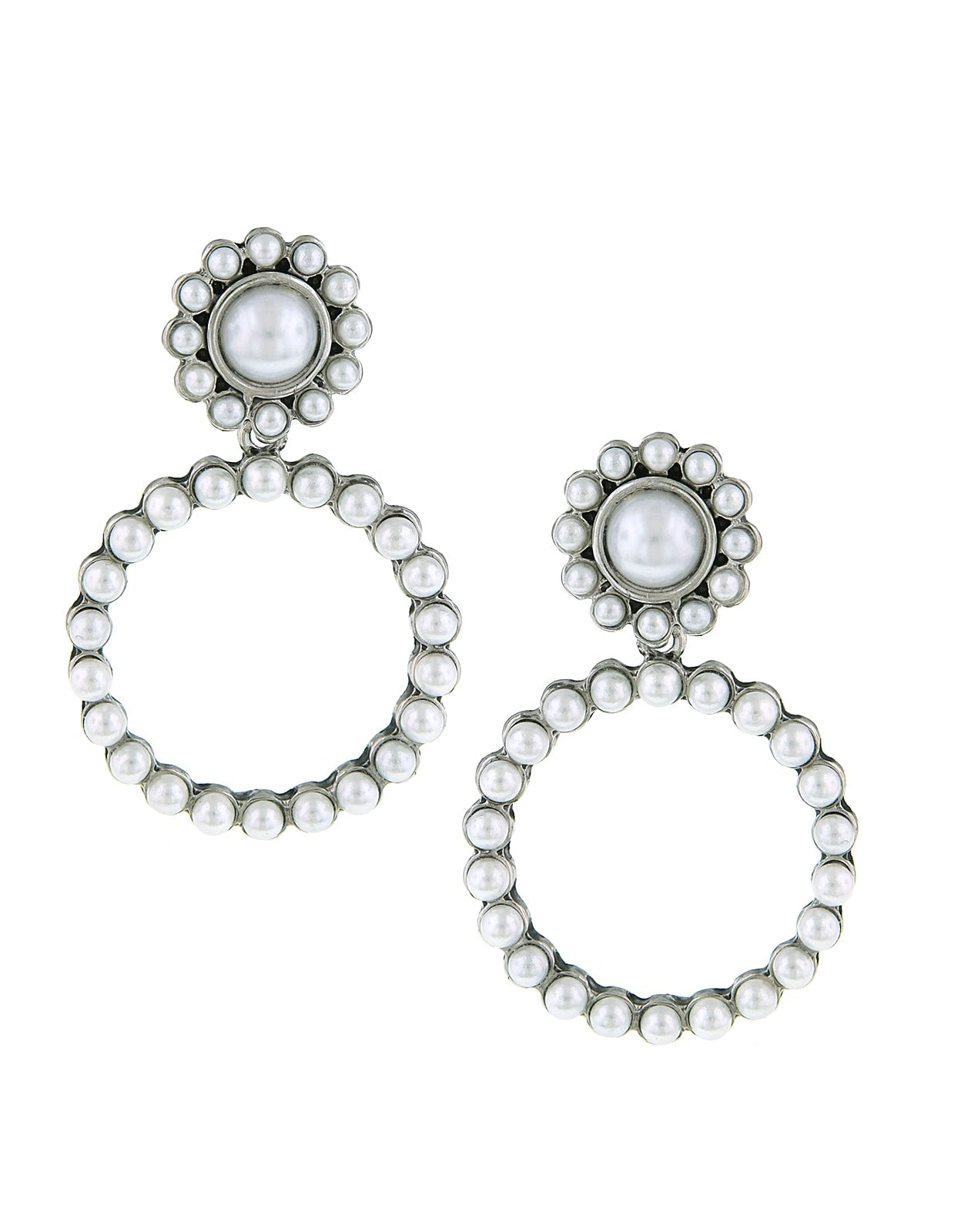 1928 Jewelry White Faux Pearl Front Faced Hoop Earrings