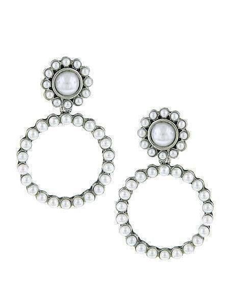 1928 Jewelry White Faux Pearl Front Faced Hoop Earrings