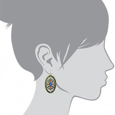 1928 Jewelry Brass Turquoise And Coral Filigree Oval Drop Earrings