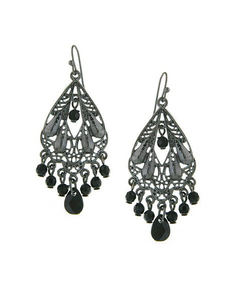 1928 Jewelry Black Faceted Bead Filigree Chandelier Earrings