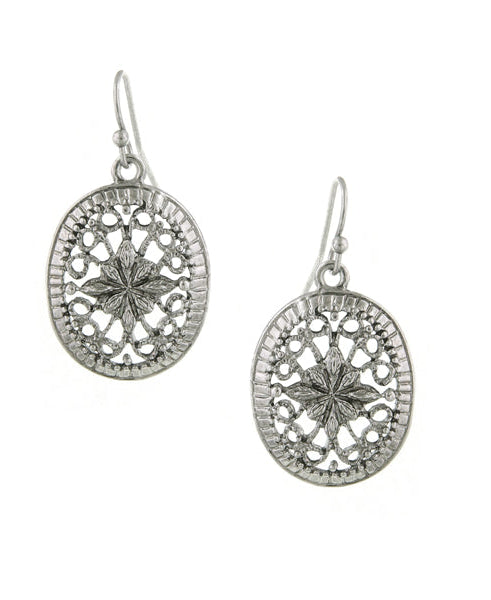 1928 Jewelry Silver Filigree Oval Drop Earrings