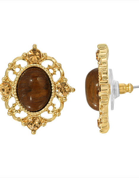 1928 Jewelry Topaz Crystal And Topaz Cat Eye Button Earrings