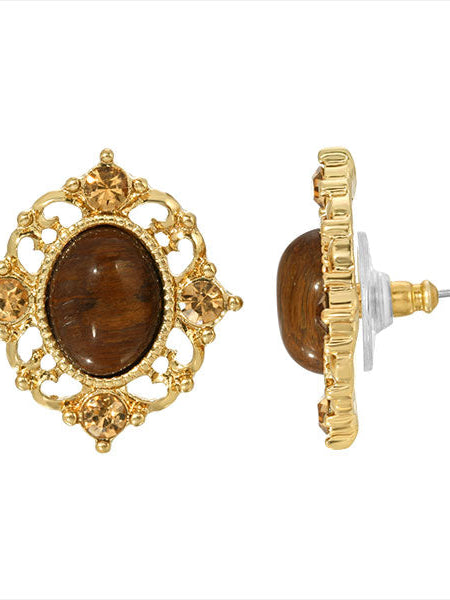 1928 Jewelry Topaz Crystal And Topaz Cat Eye Button Earrings