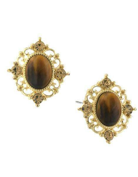 1928 Jewelry Topaz Crystal And Topaz Cat Eye Button Earrings