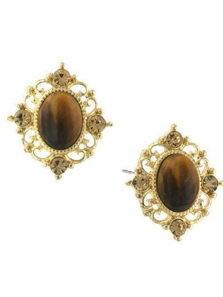 1928 Jewelry Topaz Crystal And Topaz Cat Eye Button Earrings