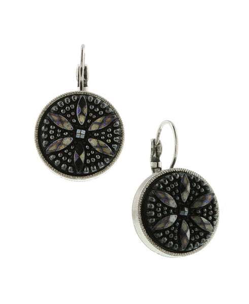 1928 Jewelry Jet Black Flower Stone Round Drop Earrings