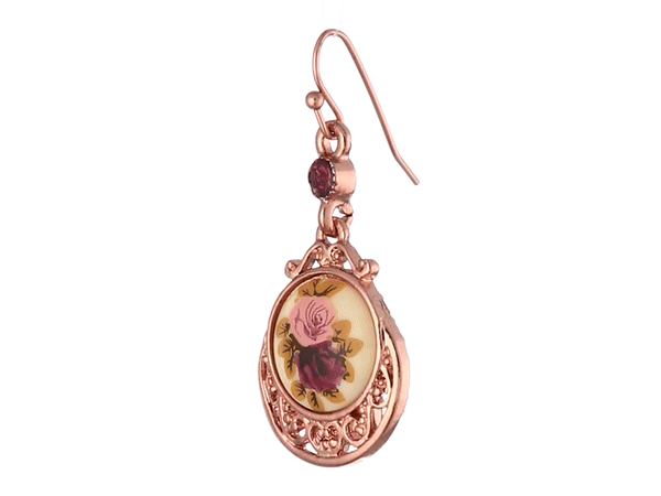 1928 Jewelry Manor House Purple & Pink Rose Flower Amethyst Crystal Drop Earrings