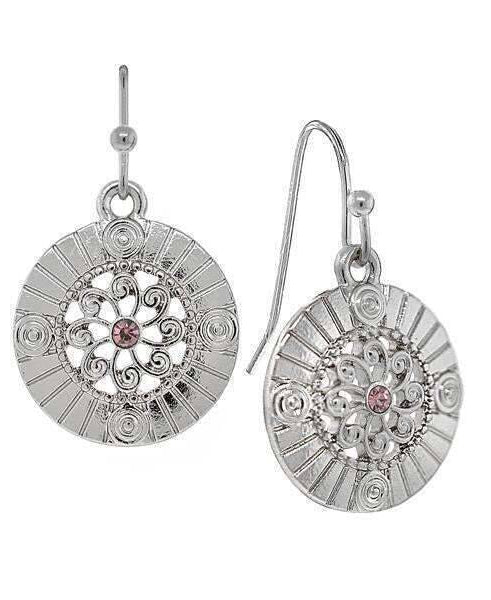 1928 Jewelry Round Disk Swirly Filigree Crystal Drop Earrings
