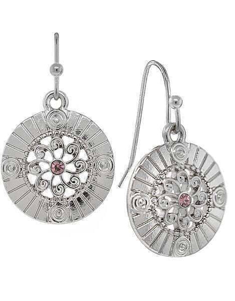 1928 Jewelry Round Disk Swirly Filigree Crystal Drop Earrings