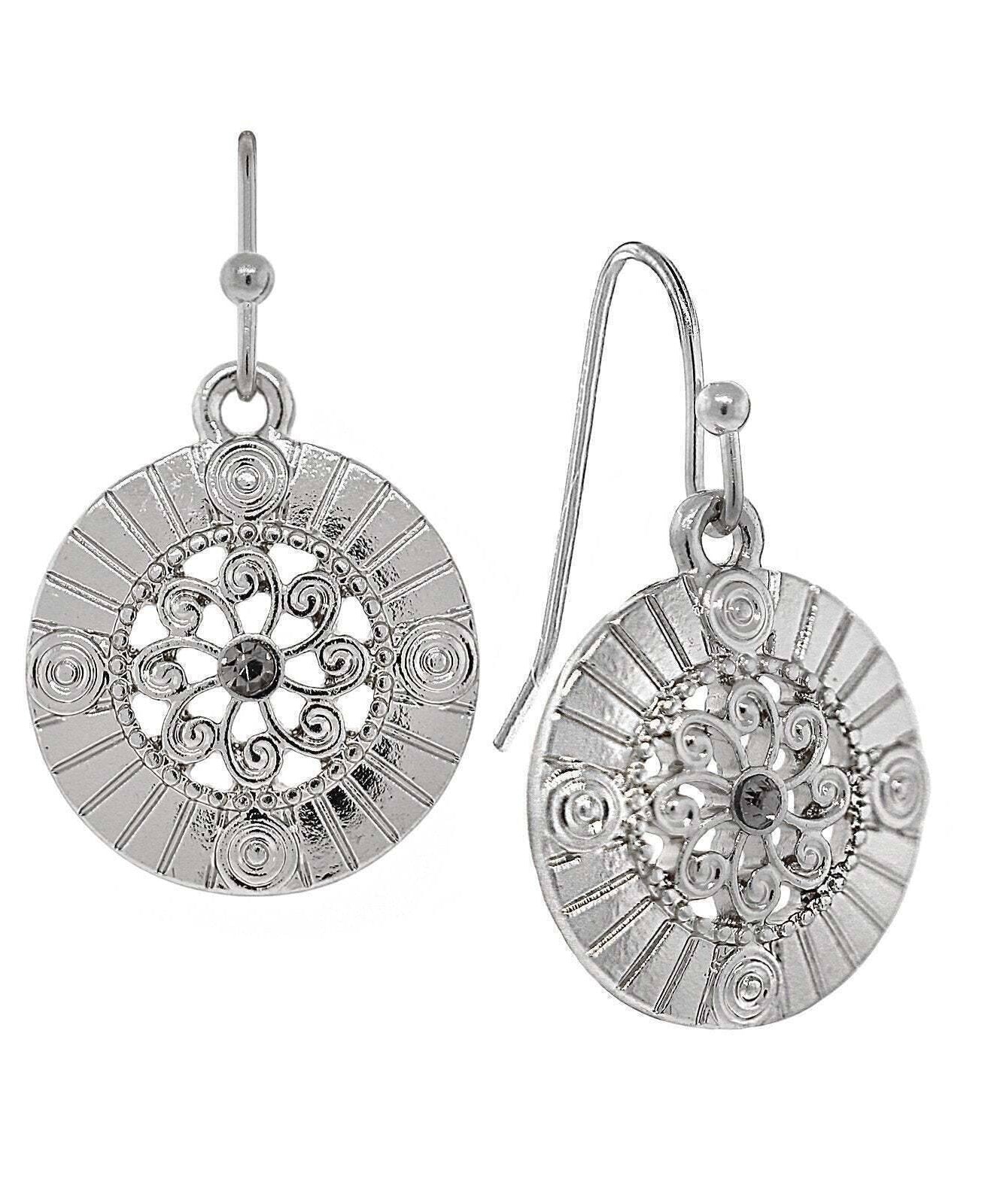 1928 Jewelry Round Disk Swirly Filigree Crystal Drop Earrings