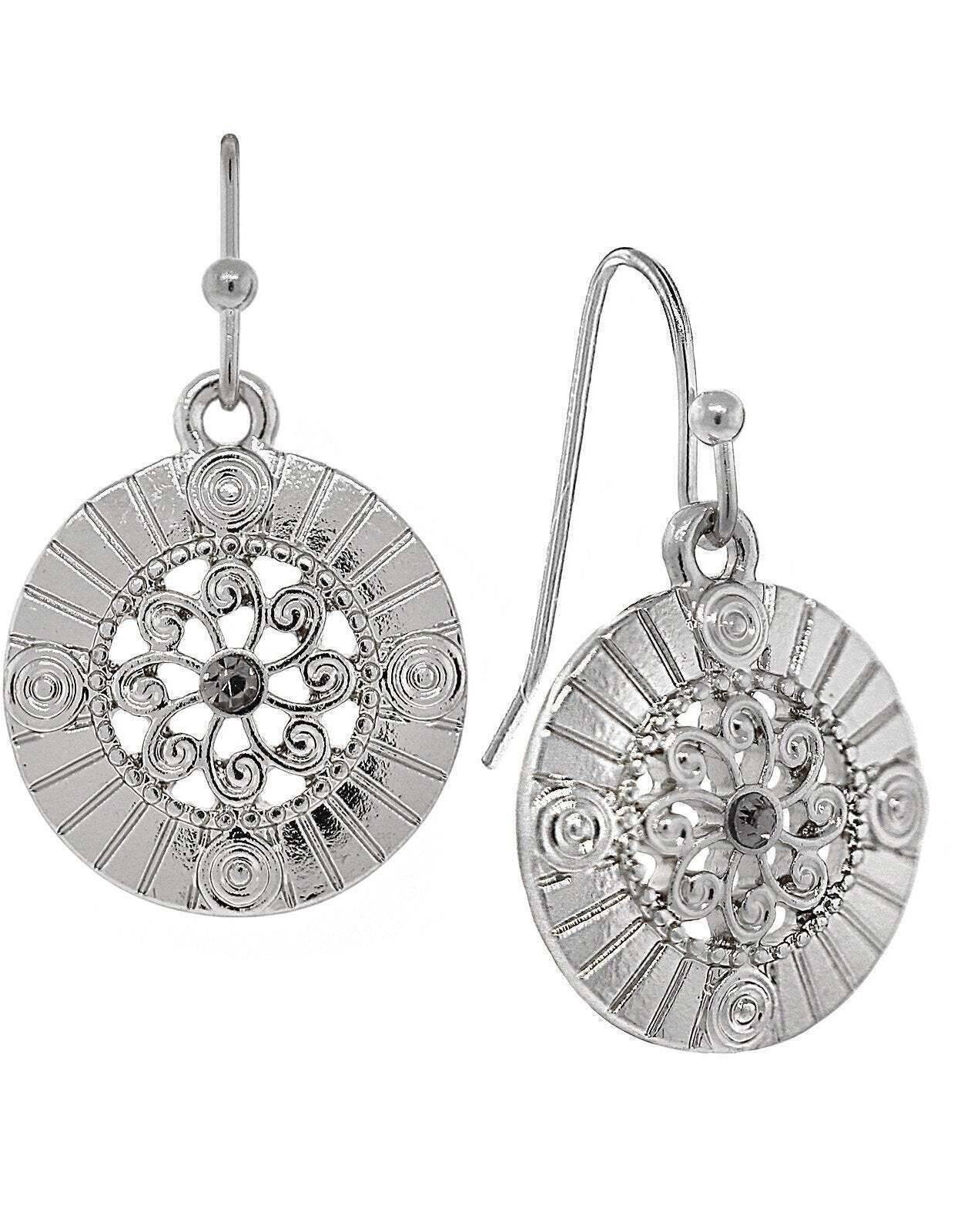 1928 Jewelry Round Disk Swirly Filigree Crystal Drop Earrings