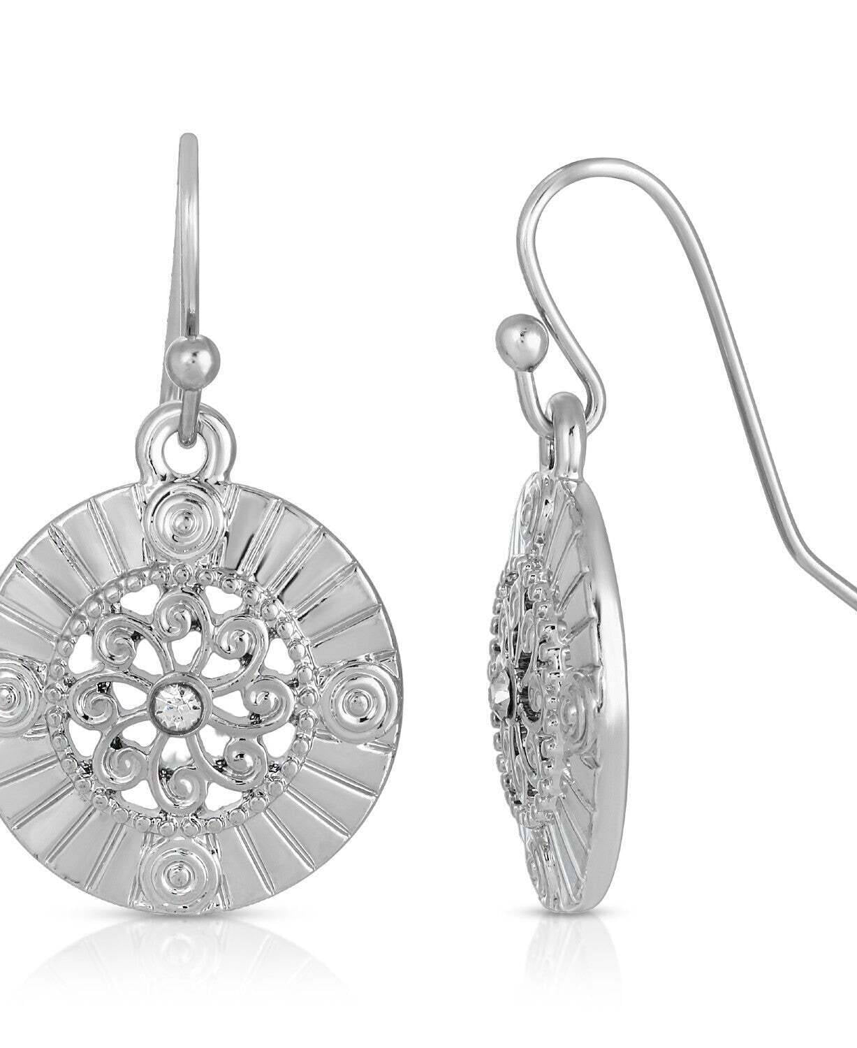 1928 Jewelry Round Disk Swirly Filigree Crystal Drop Earrings