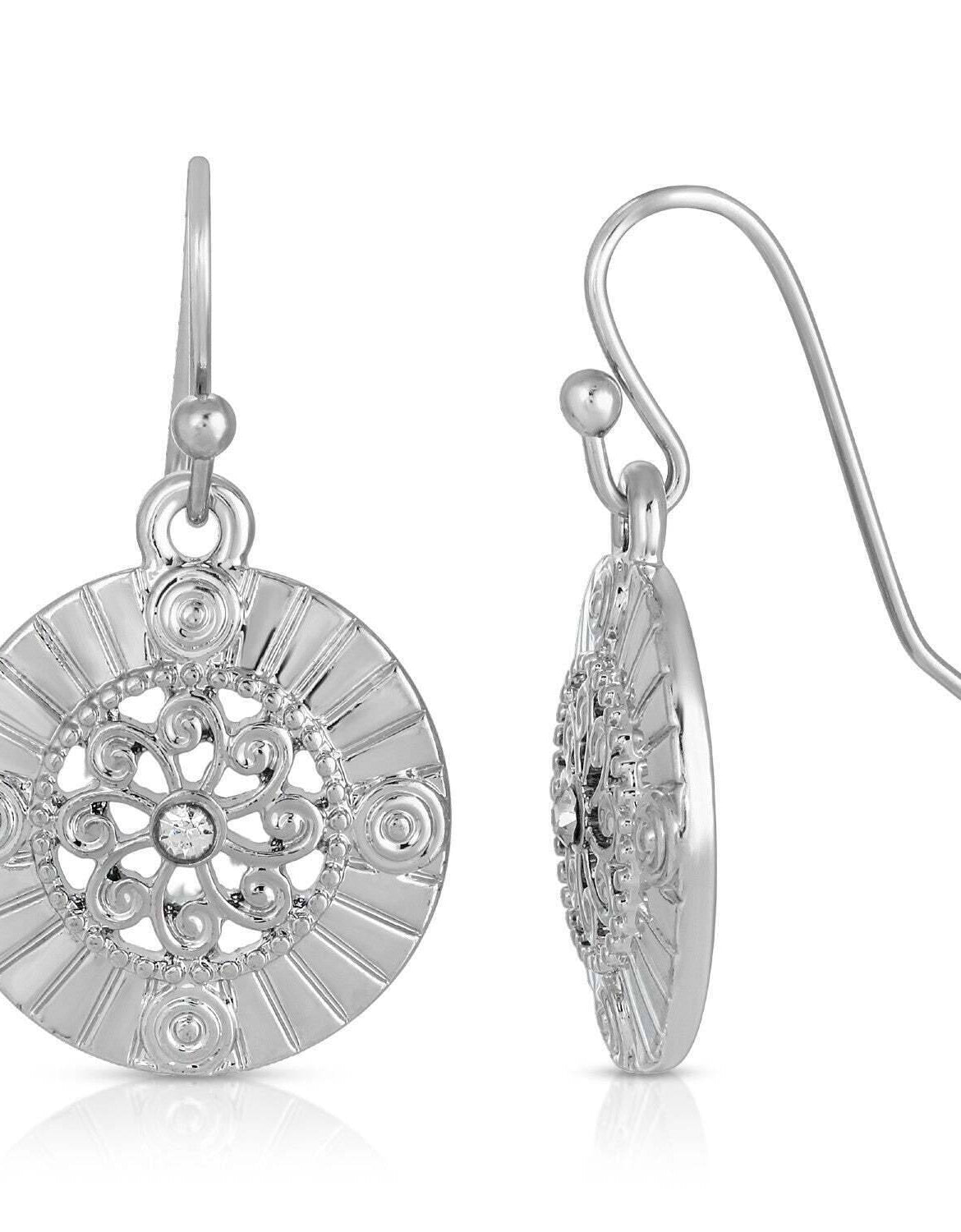 1928 Jewelry Round Disk Swirly Filigree Crystal Drop Earrings