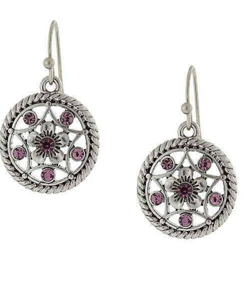 1928 Jewelry Star & Flower Motif Round Crystal Drop Earrings