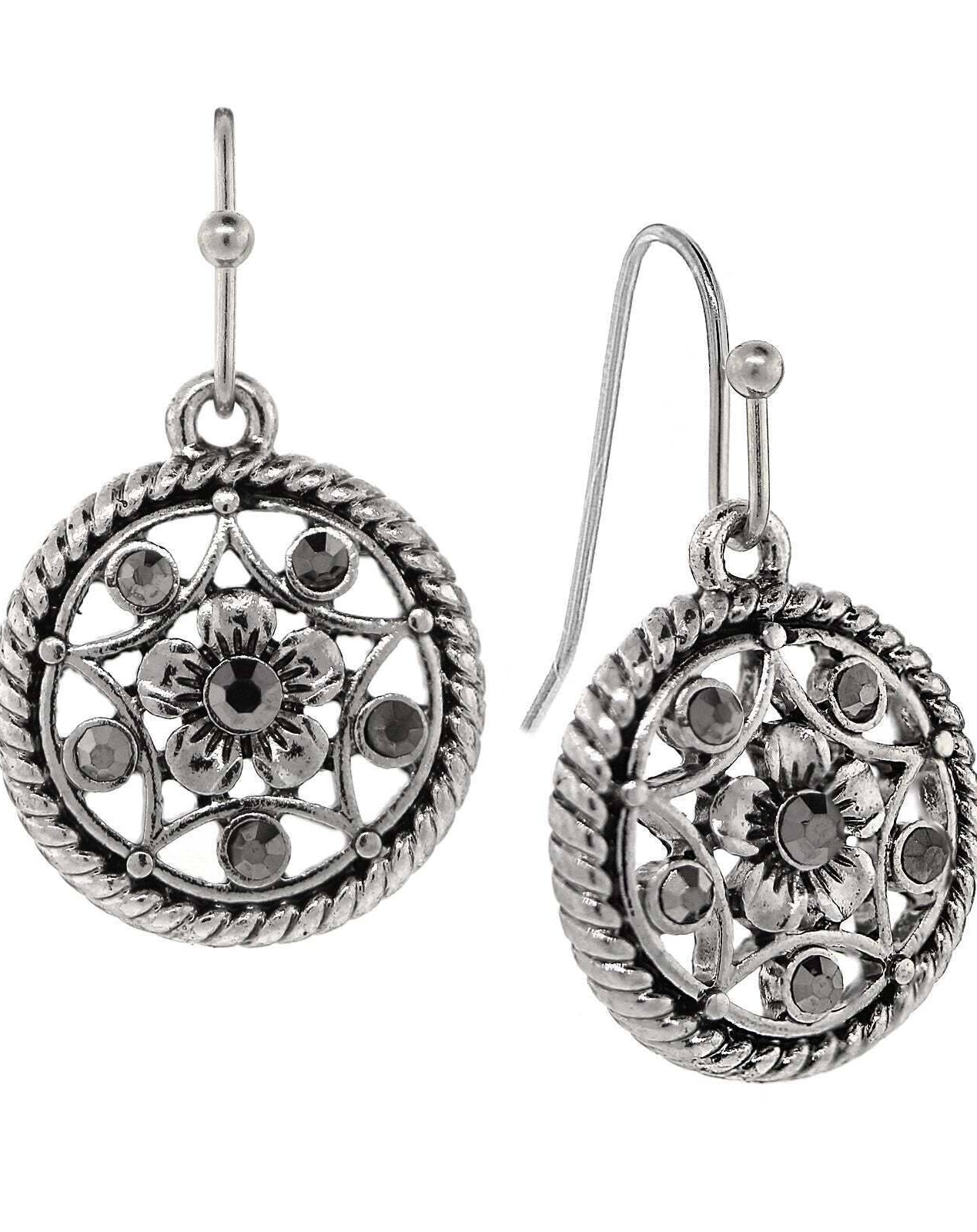 1928 Jewelry Star & Flower Motif Round Crystal Drop Earrings