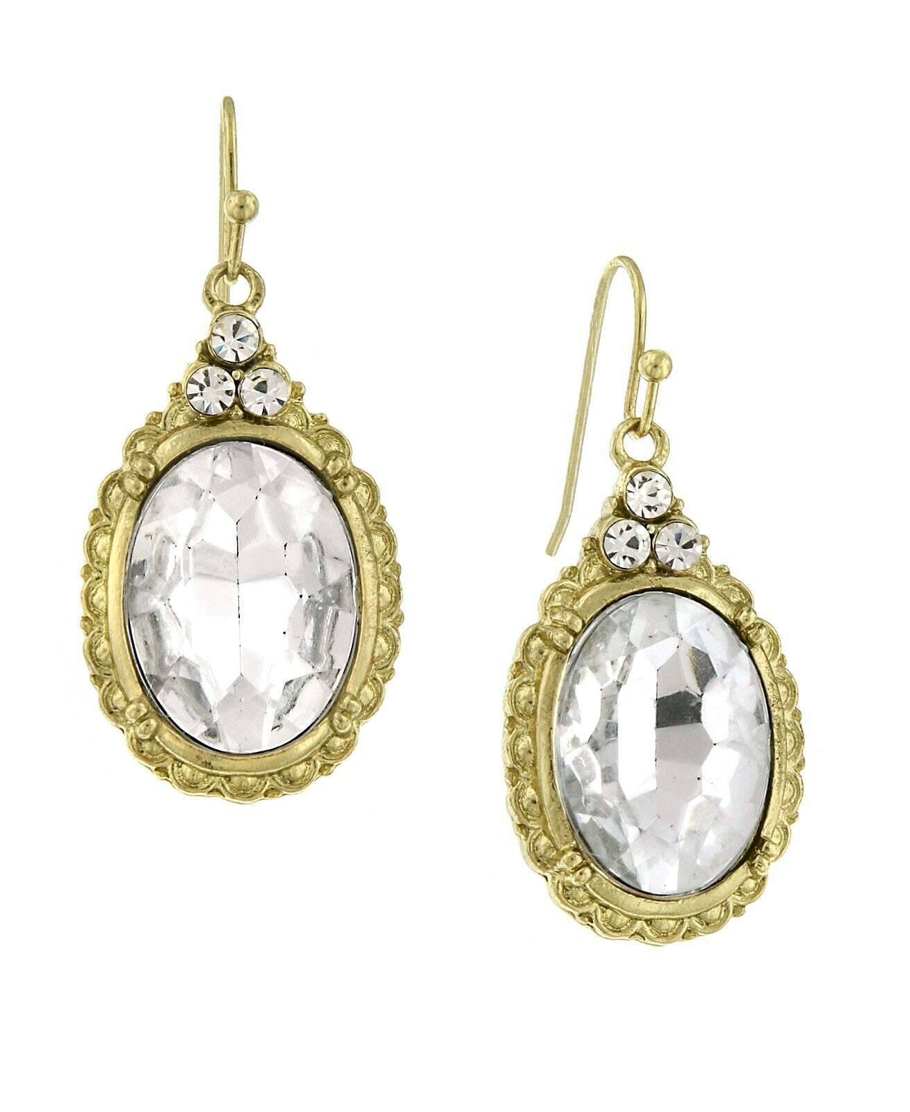 1928 Jewelry Antique Inspired Oval Crystal Drop Wire Earrings