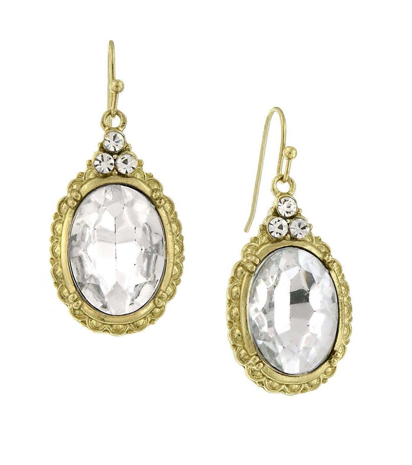 1928 Jewelry Antique Inspired Oval Crystal Drop Wire Earrings