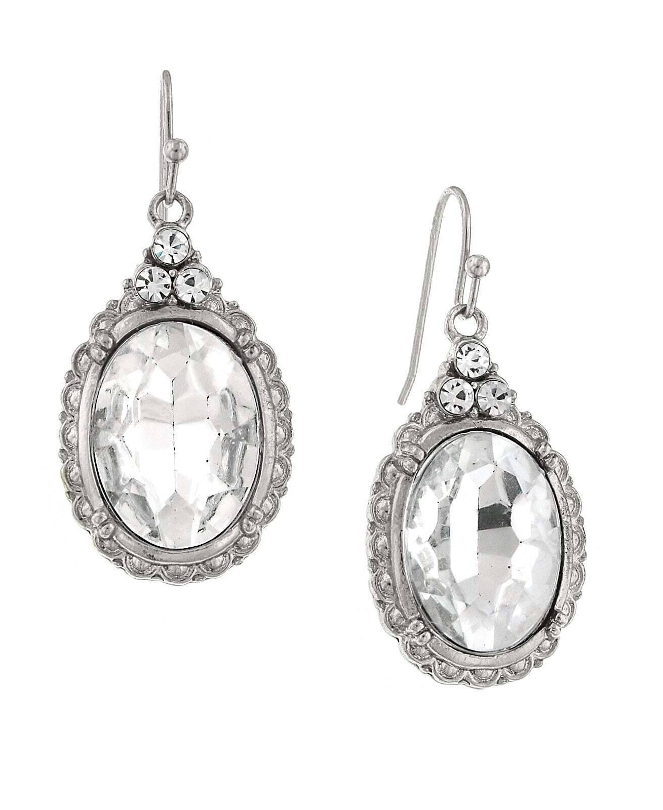 1928 Jewelry Antique Inspired Oval Crystal Drop Wire Earrings