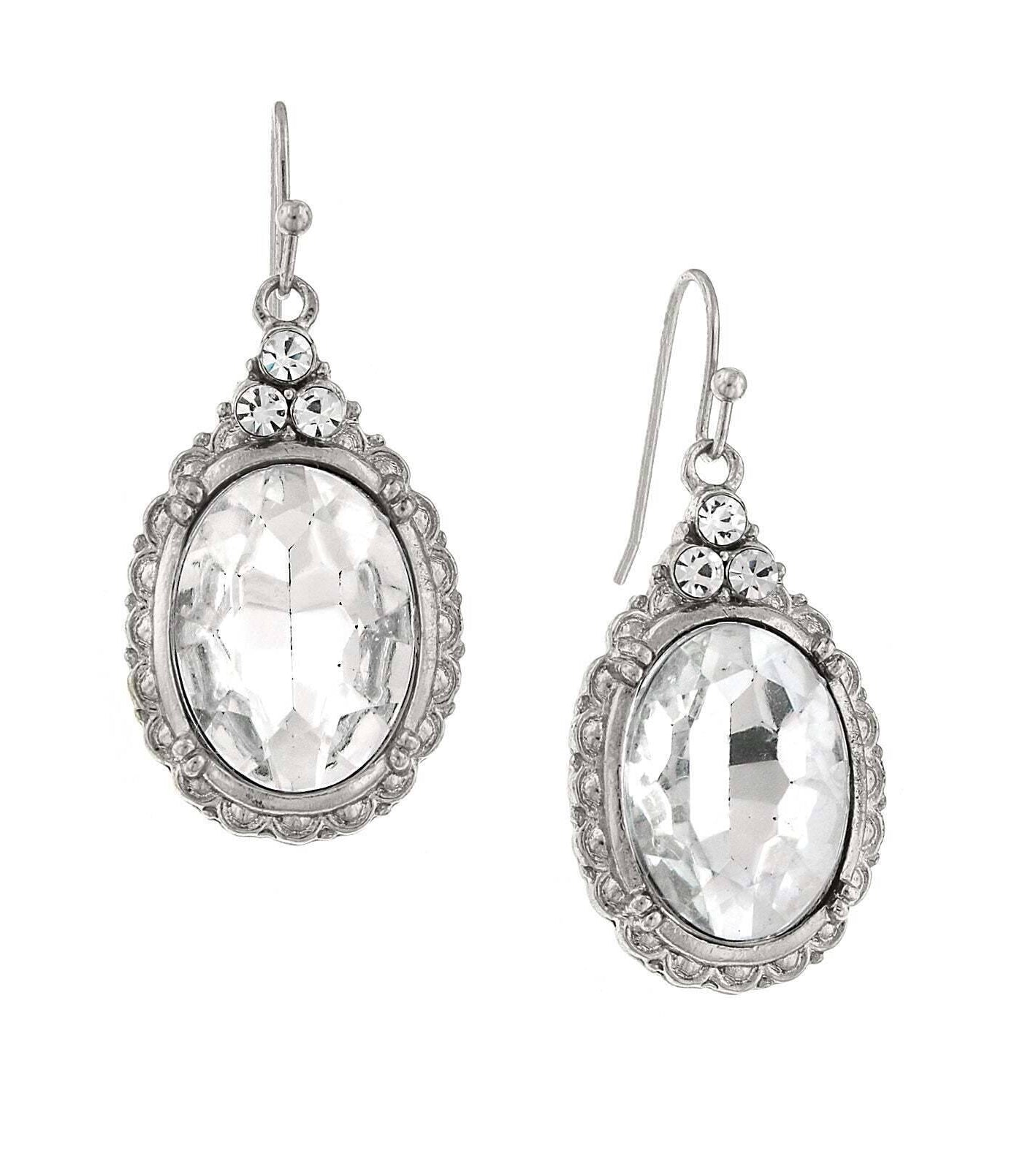 1928 Jewelry Antique Inspired Oval Crystal Drop Wire Earrings
