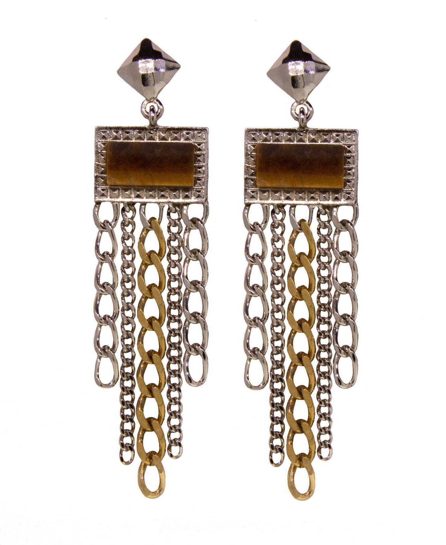 1928 Jewelry Silver & Square Gemstone Multi Chain Drop Earrings