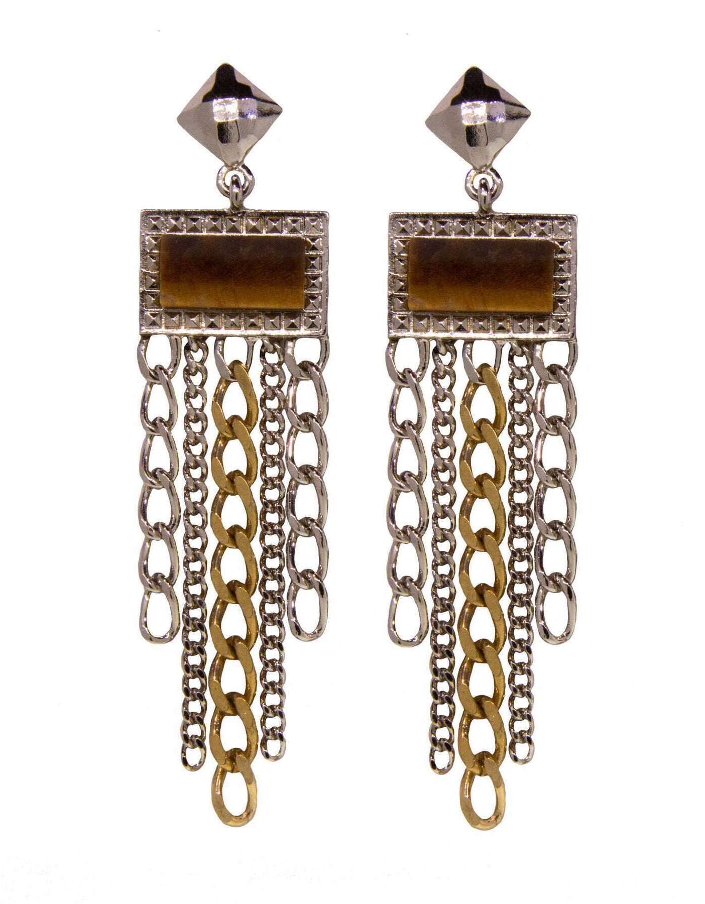 1928 Jewelry Silver & Square Gemstone Multi Chain Drop Earrings