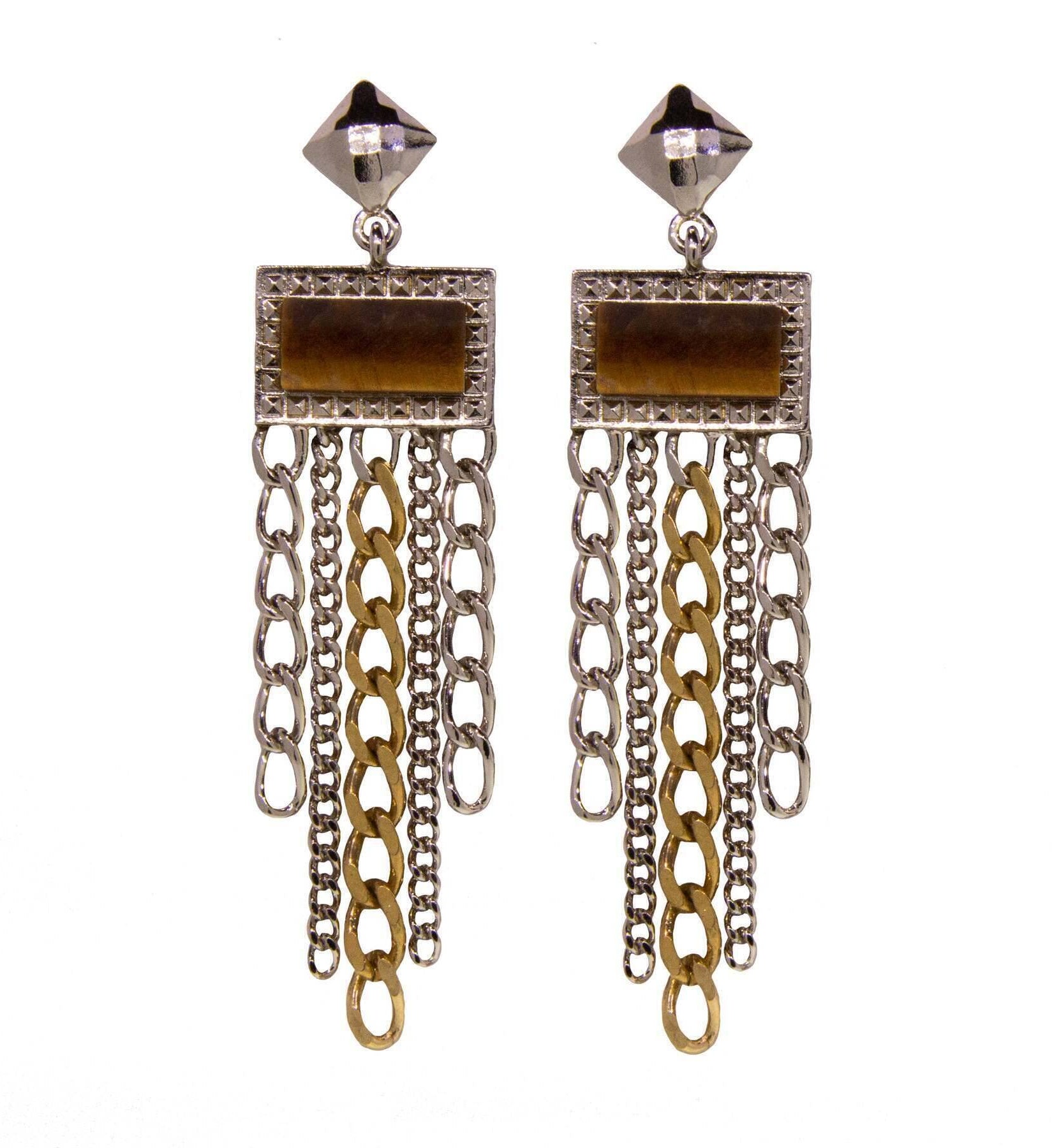 1928 Jewelry Silver & Square Gemstone Multi Chain Drop Earrings