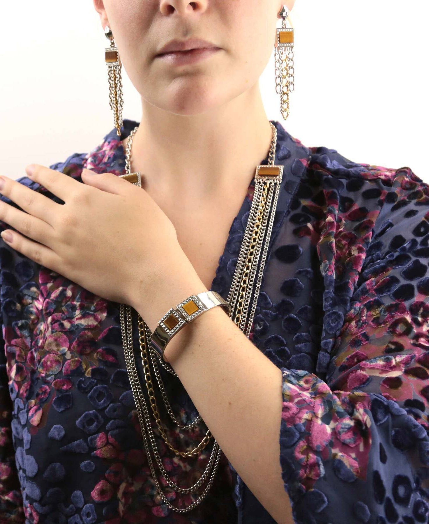 1928 Jewelry Silver & Square Gemstone Multi Chain Drop Earrings