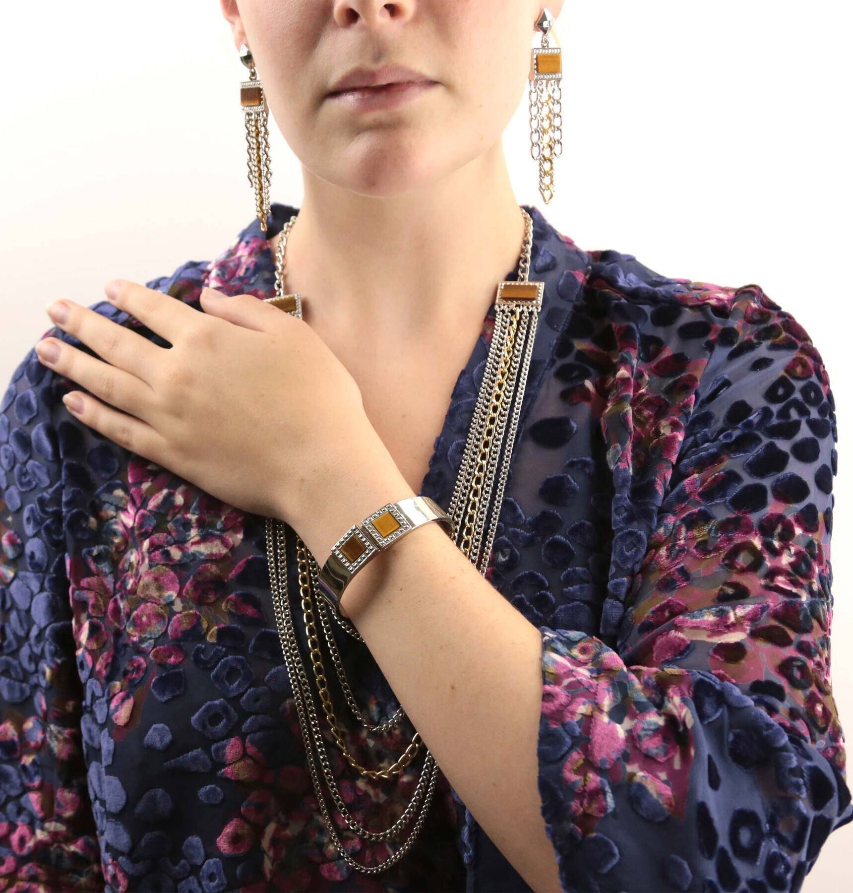 1928 Jewelry Silver & Square Gemstone Multi Chain Drop Earrings