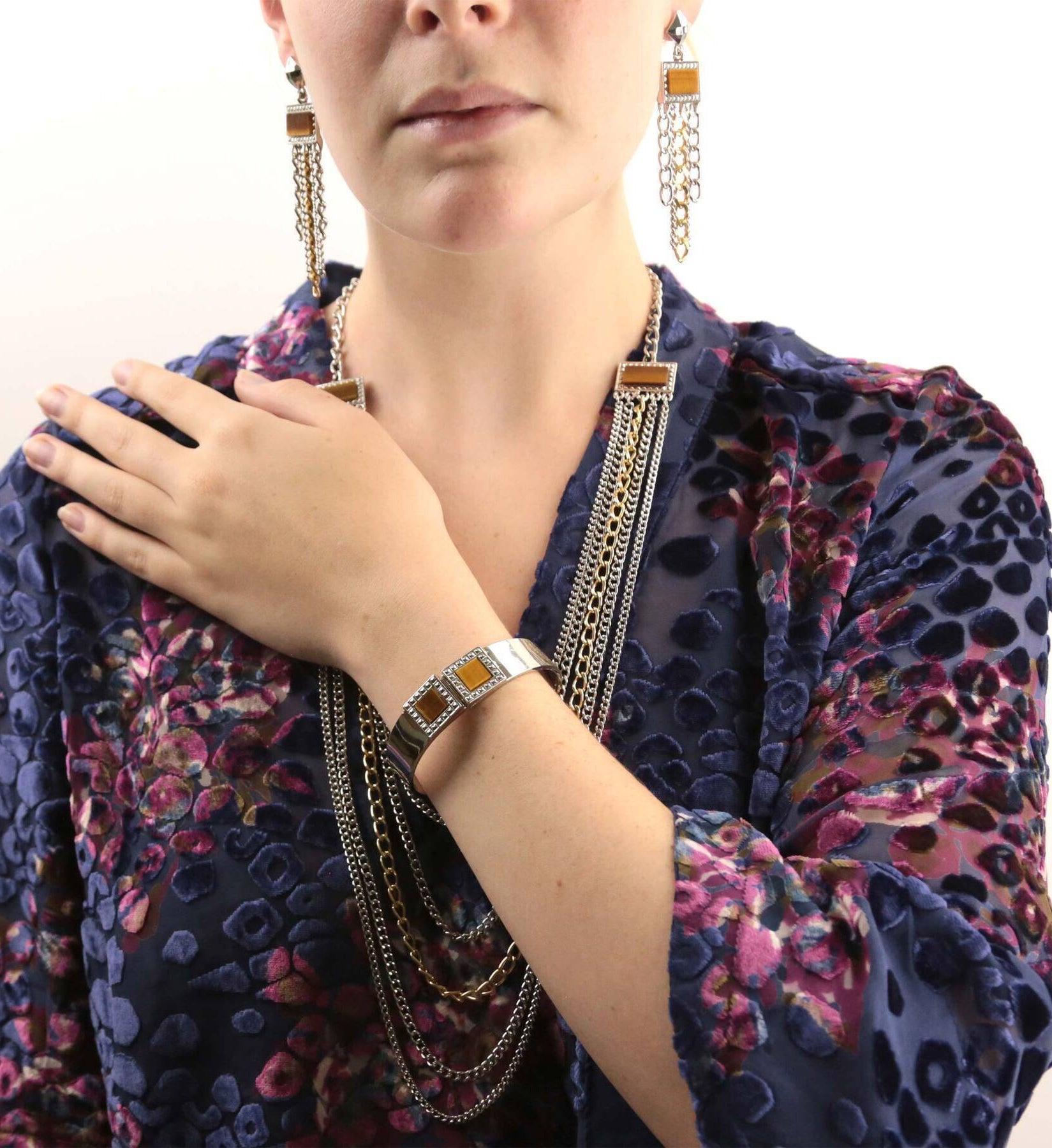 1928 Jewelry Silver & Square Gemstone Multi Chain Drop Earrings