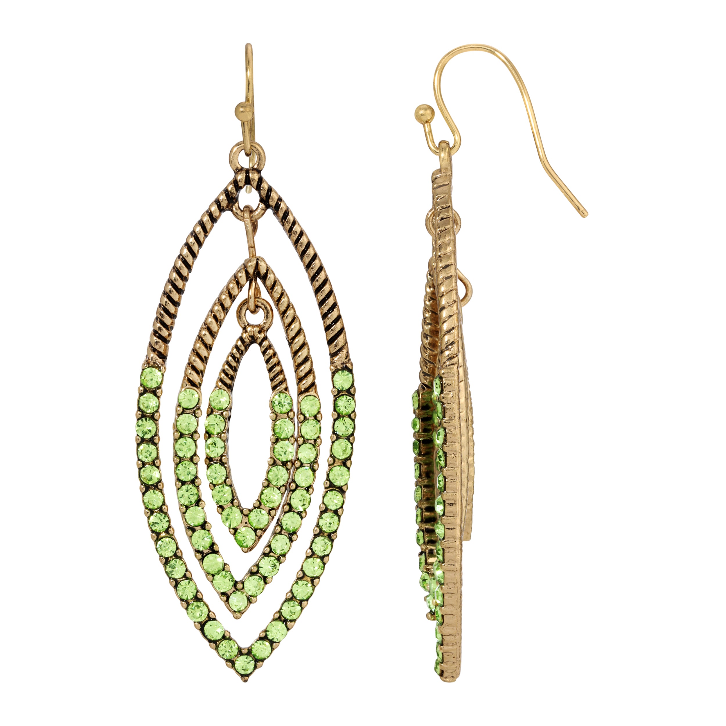 Gold and Green Triple Oval Layered Crystal Drop Earrings