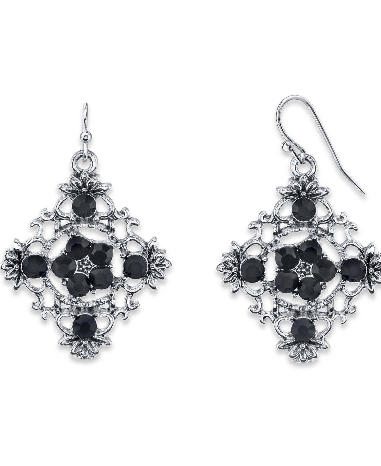 2028 Jewelry Diamond Shaped Filigree Flower Crystal Drop Earrings